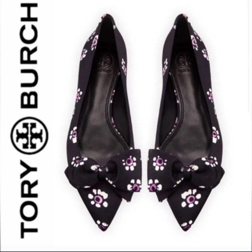 New Tory Burch Rosalind Black Flower Ballet Flats size 6.5